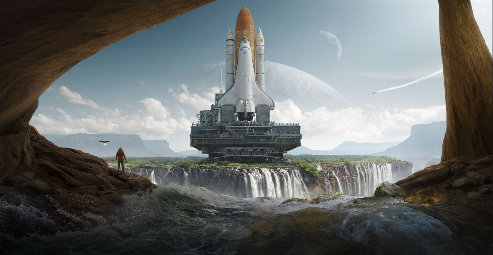Space shuttle poised above a waterfall on a distant world - symbolising bold, imaginative capital